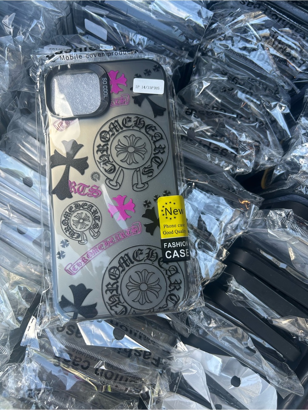 Grey Cross Phone Case with Pink Accents
